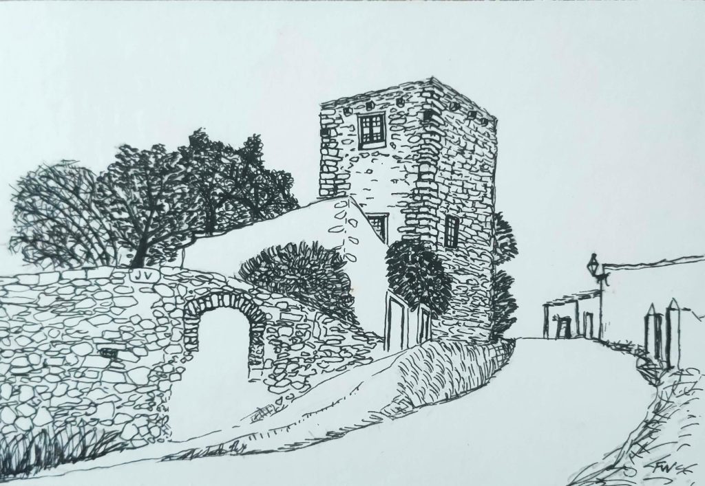 Desenho a tinta da Torre do Carvalhal, de Francisco Vergikosk